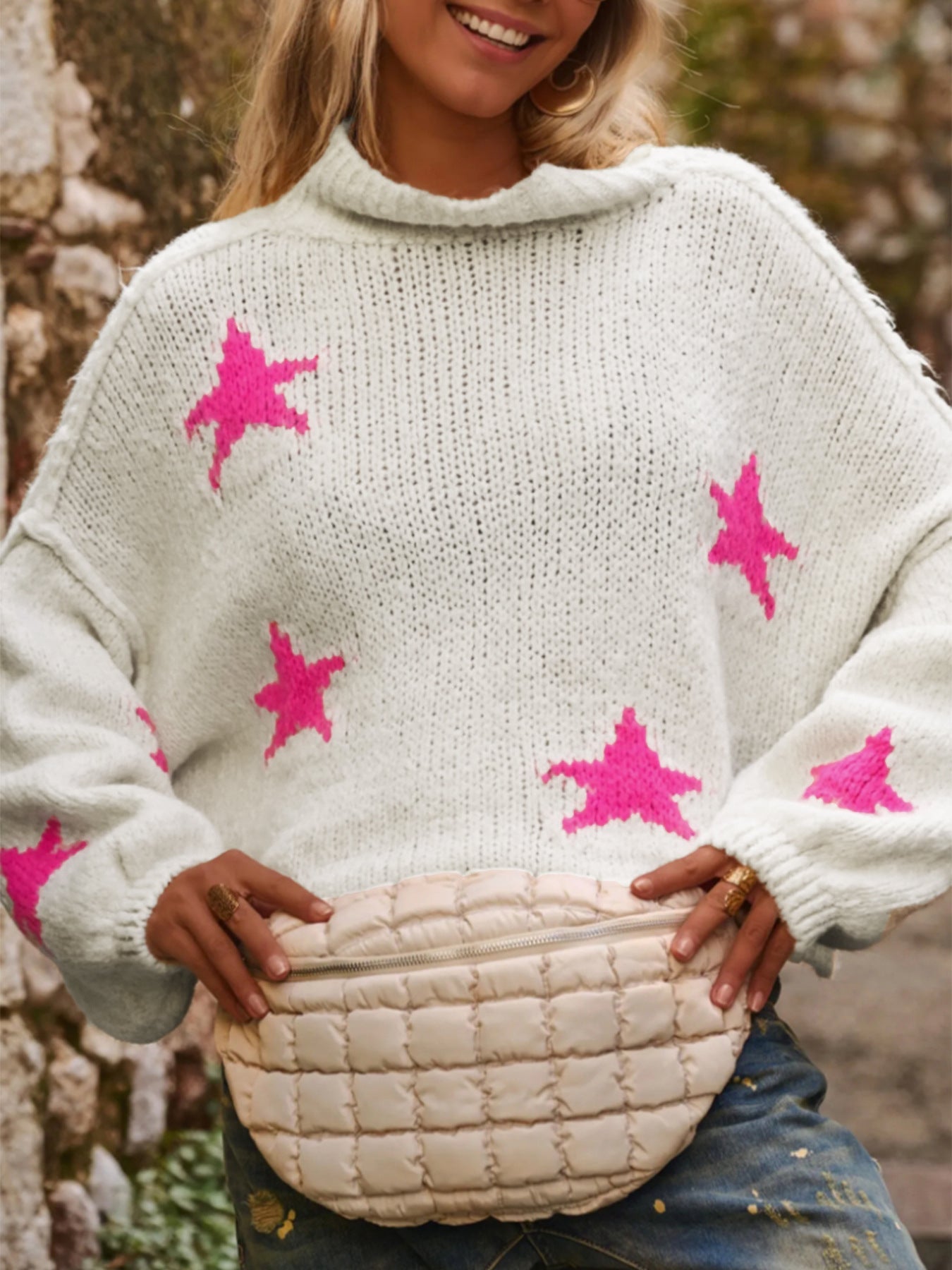 White Turtleneck Knit Sweater with Pink Star Pattern · Cozy Oversized Pullover
