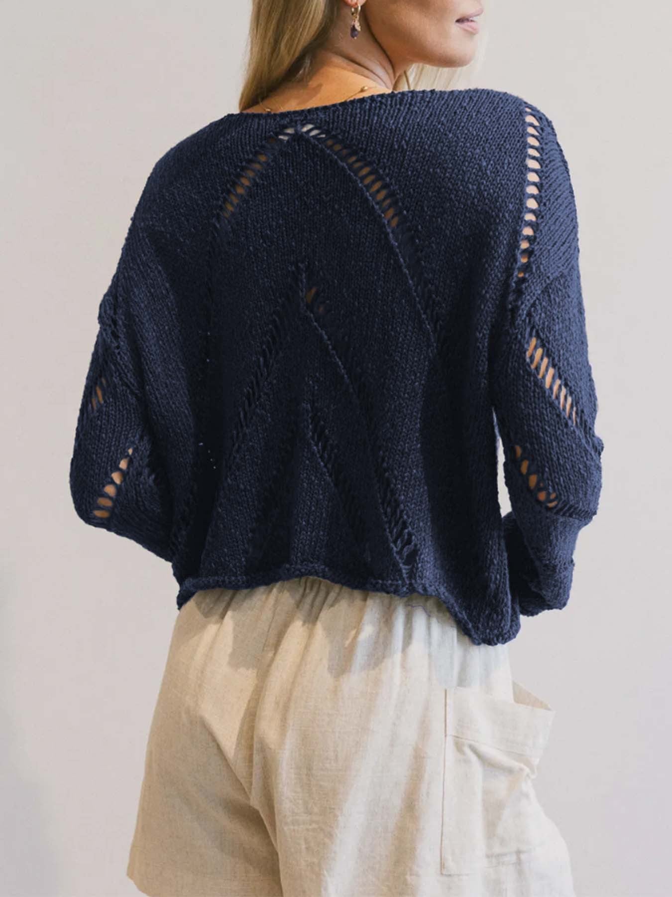 Minimalist Hollow-Out Knit Sweater · Relaxed Fit Breathable Long Sleeve Top