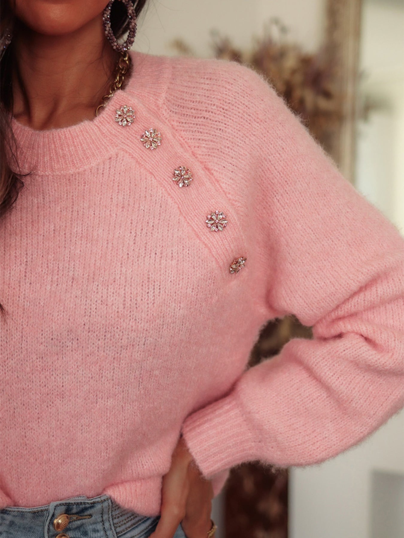 Pink Knit Sweater with Rhinestone Button Detail · Elegant and Sweet Long Sleeve Top