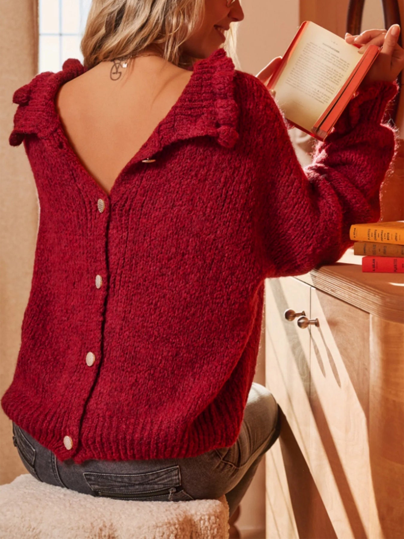 Wine Red Ruffle Back Button Knit Sweater · Elegant Vintage Long Sleeve Pullover