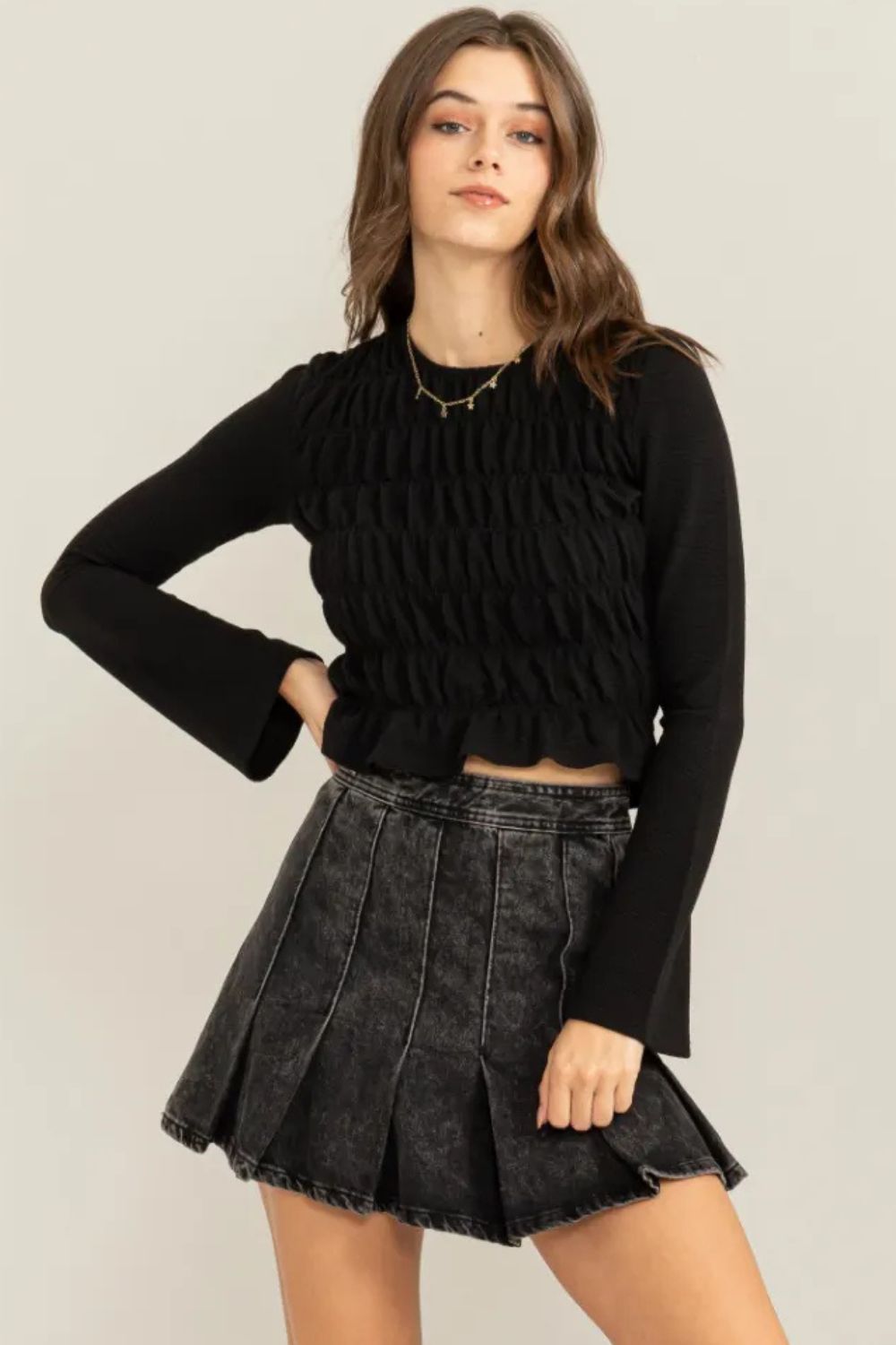 Sheer Long Sleeve Textured Ruched Front Trendy Cropped Top
