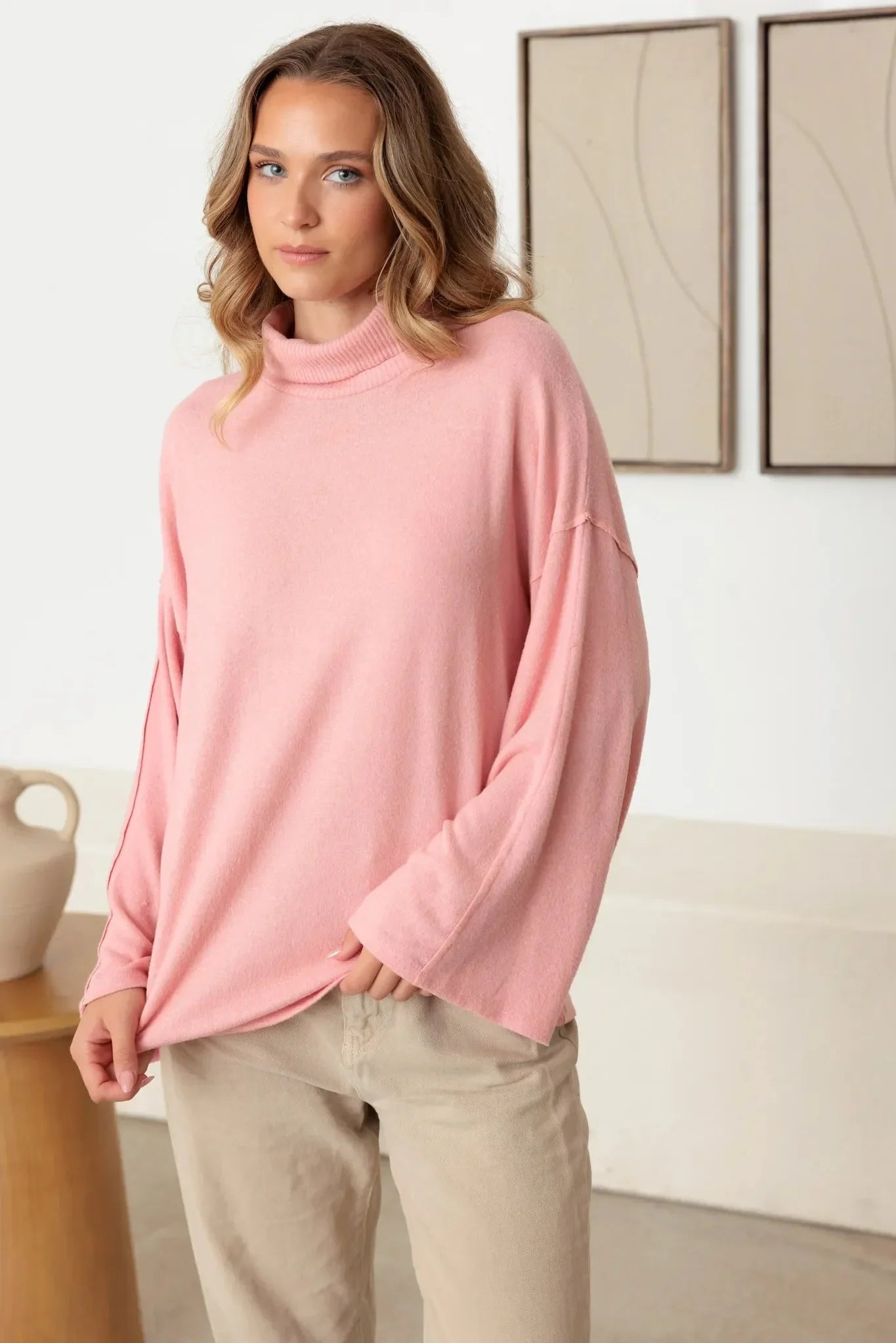Turtle Neck Wide Long Sleeve Soft Knit Top