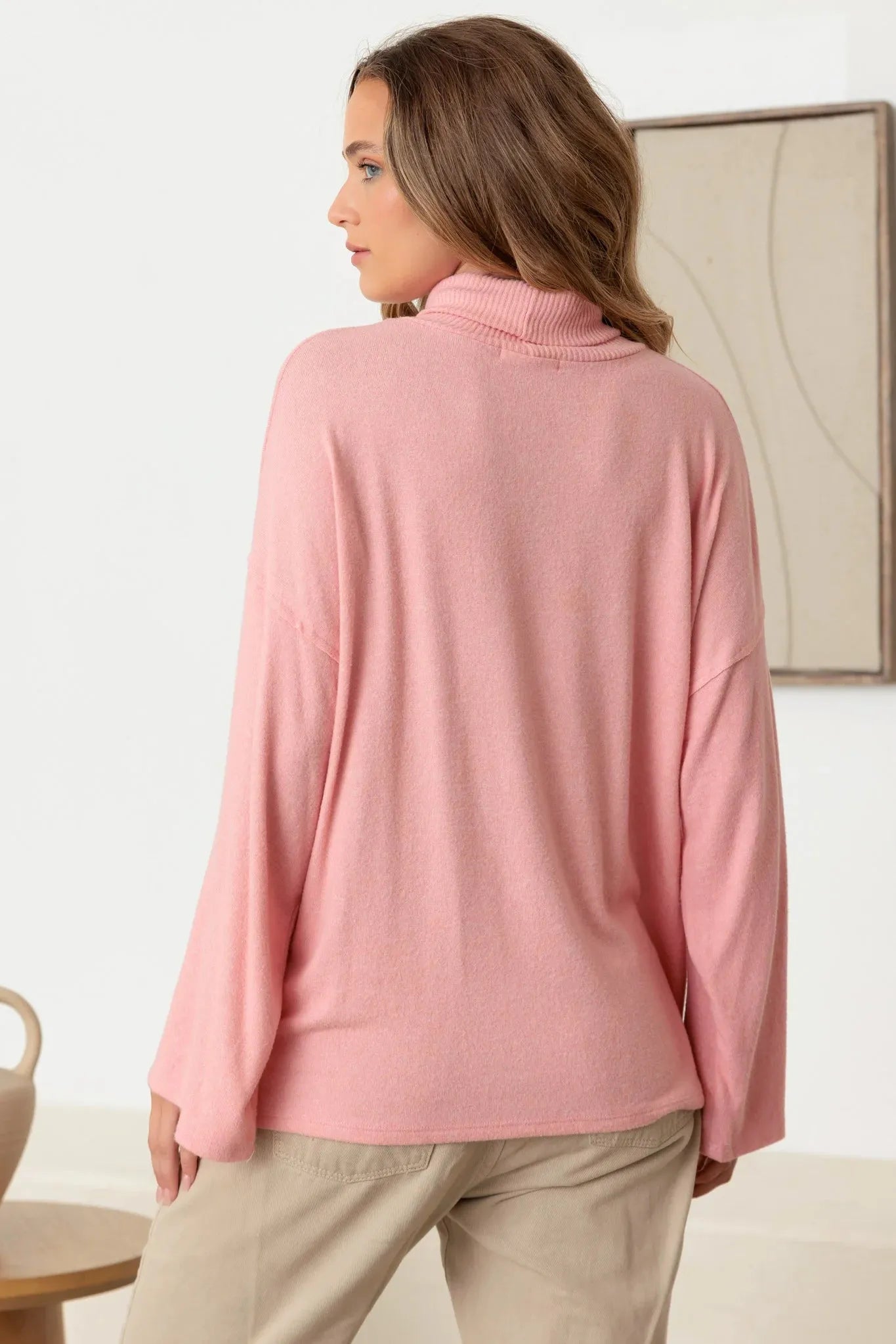 Turtle Neck Wide Long Sleeve Soft Knit Top