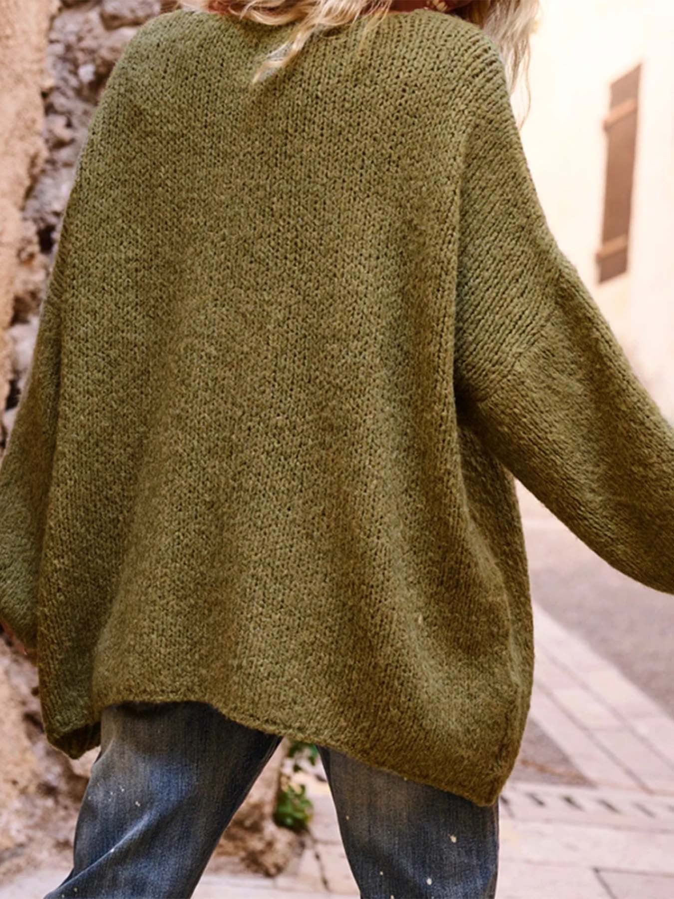 Green V-Neck Loose Knit Sweater with Heart Pattern Detail (S-XL)