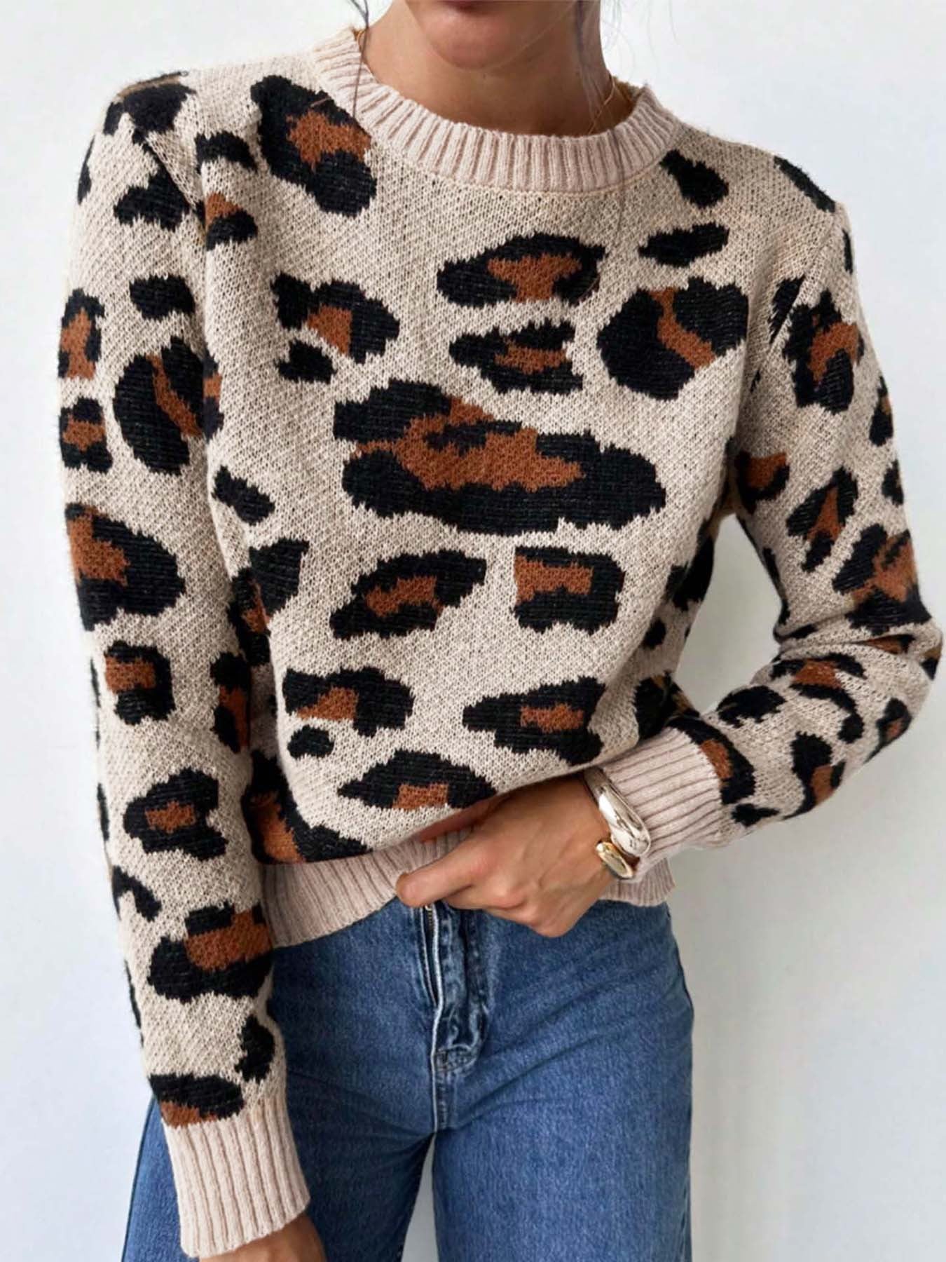 Women’s Animal Print Knit Sweater Long Sleeve Crew Neck Pullover Warm Stylish Knitwear (S-XL)