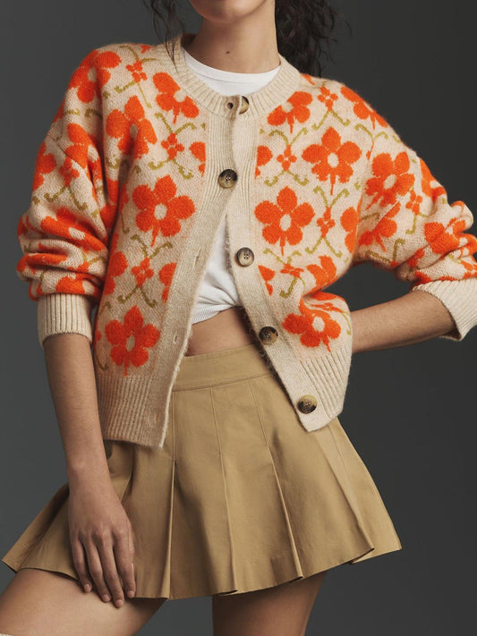Beige Knit Cardigan with Orange Floral Pattern · Retro and Playful Loose Sweater