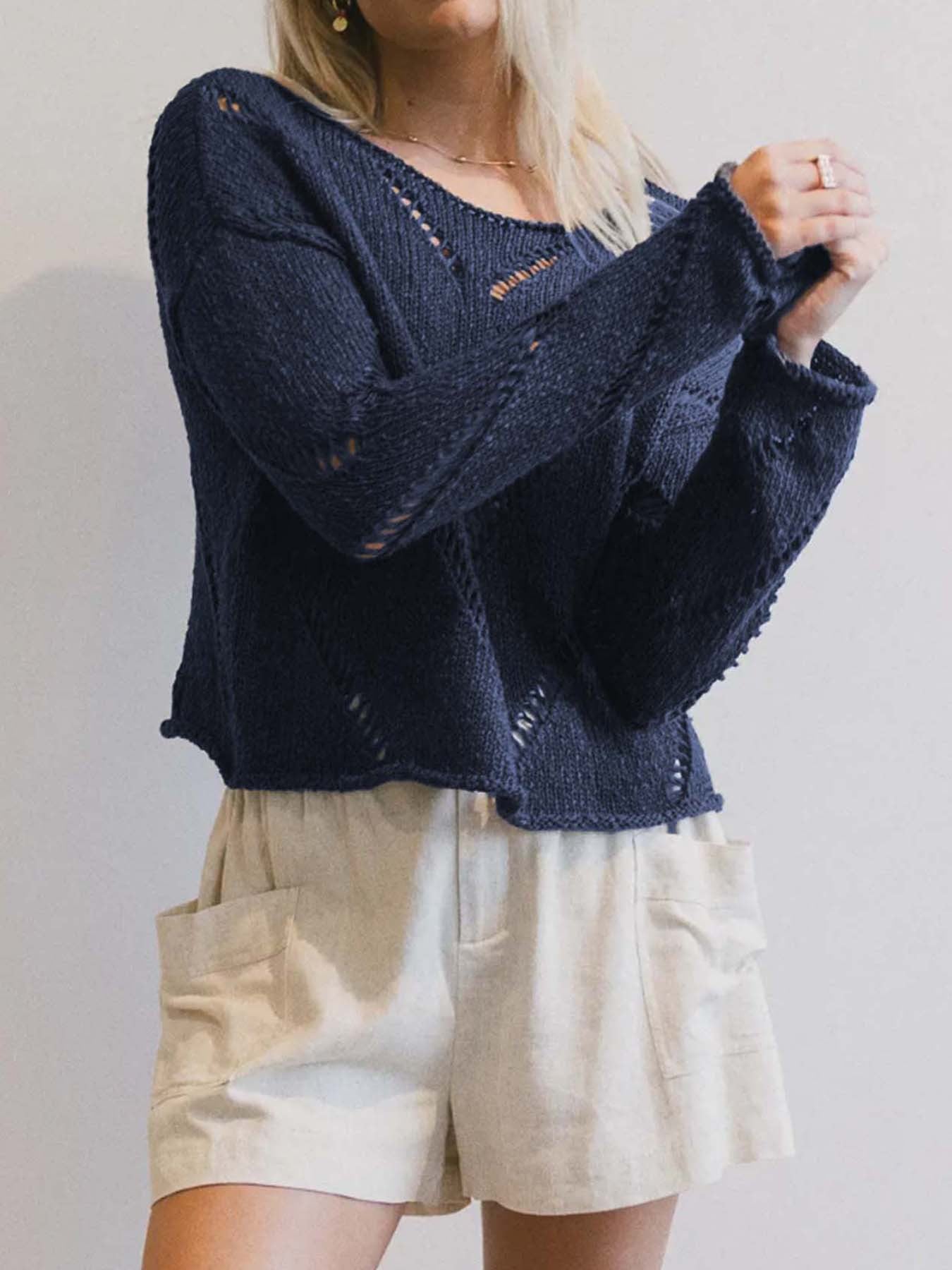 Minimalist Hollow-Out Knit Sweater · Relaxed Fit Breathable Long Sleeve Top