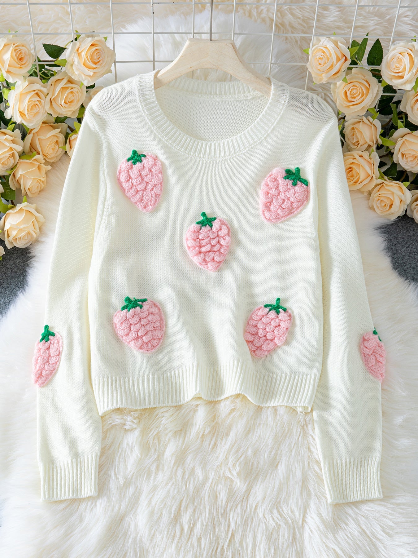3D Strawberry Knit Sweater · Fresh and Sweet Loose-Fit Pullover