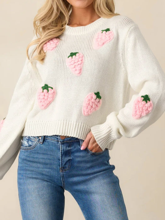 3D Strawberry Knit Sweater · Fresh and Sweet Loose-Fit Pullover