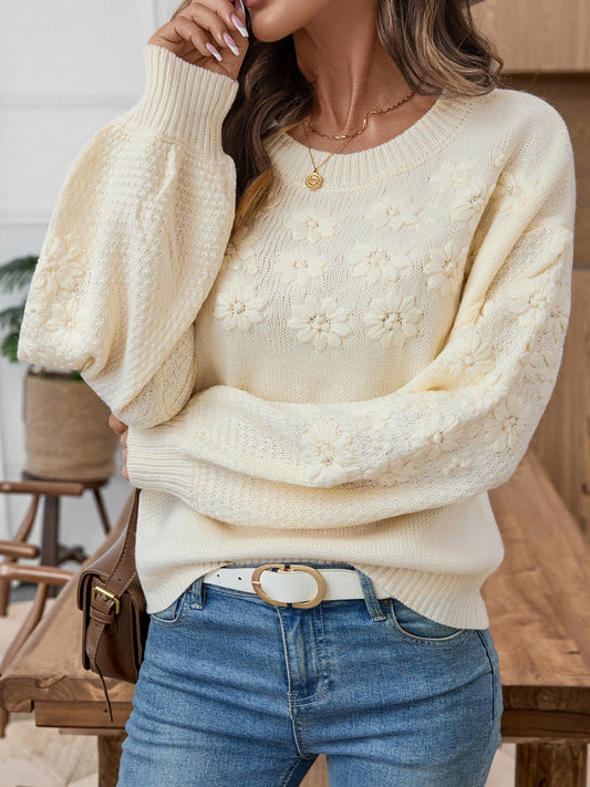 Women’s Floral Embroidered Knit Sweater Crew Neck Loose Long Sleeve Pullover Top (S-XL)