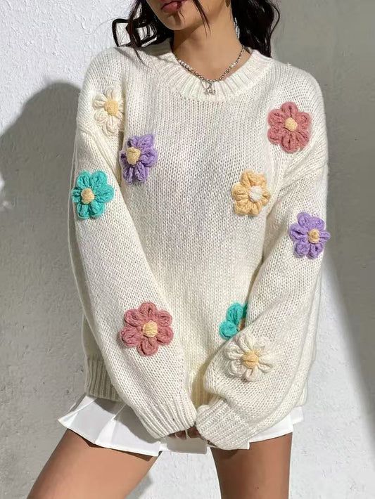 White Knit Sweater with 3D Colorful Flowers · Sweet and Playful Loose-Fit Pullover