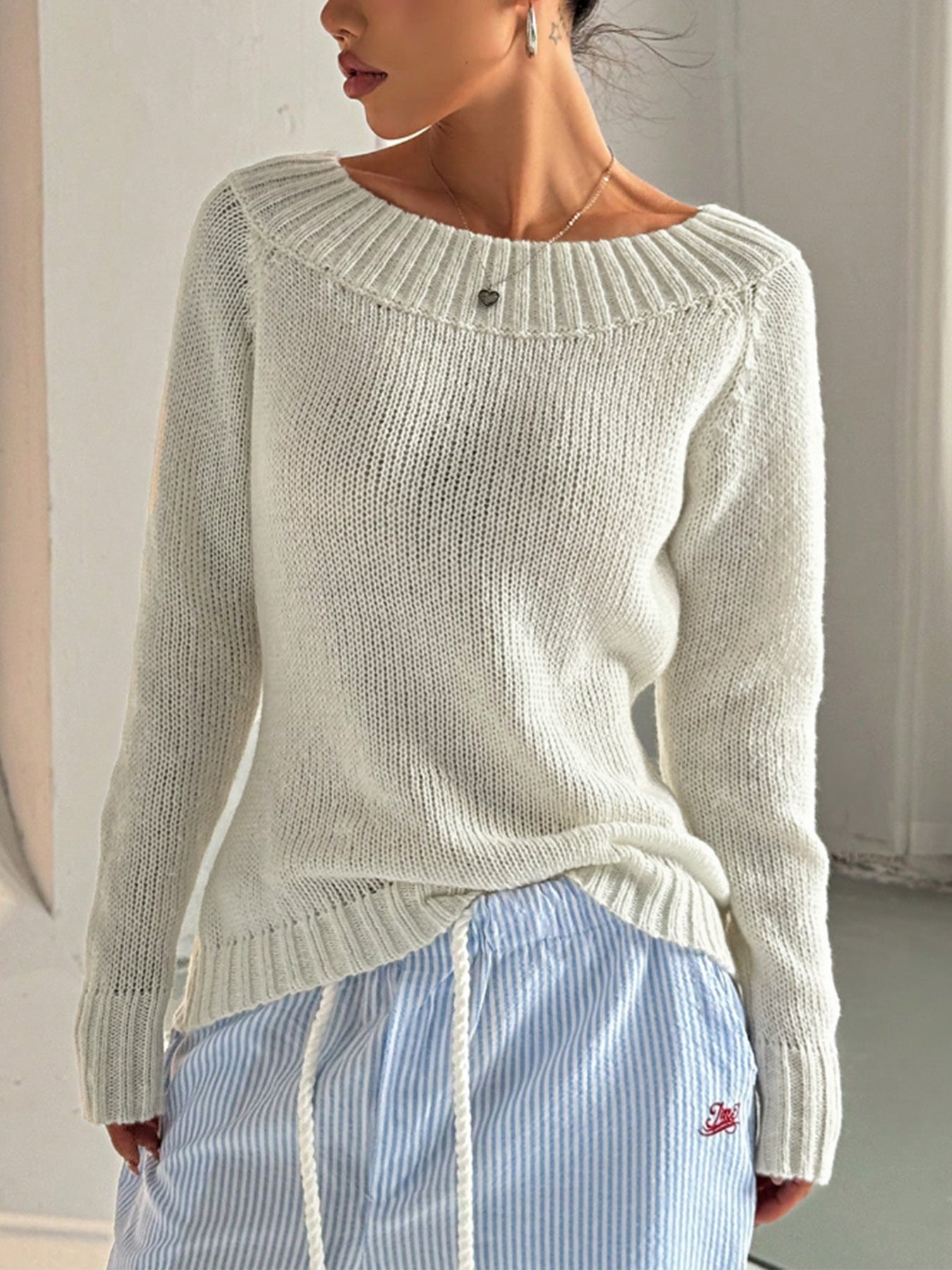 Women’s Off-Shoulder Knit Sweater Elegant Long Sleeve Pullover Slim Fit Top (S-XL)