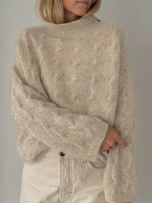 Beige Cable Knit Sweater · Minimalist Loose-Fit High Neck Pullover