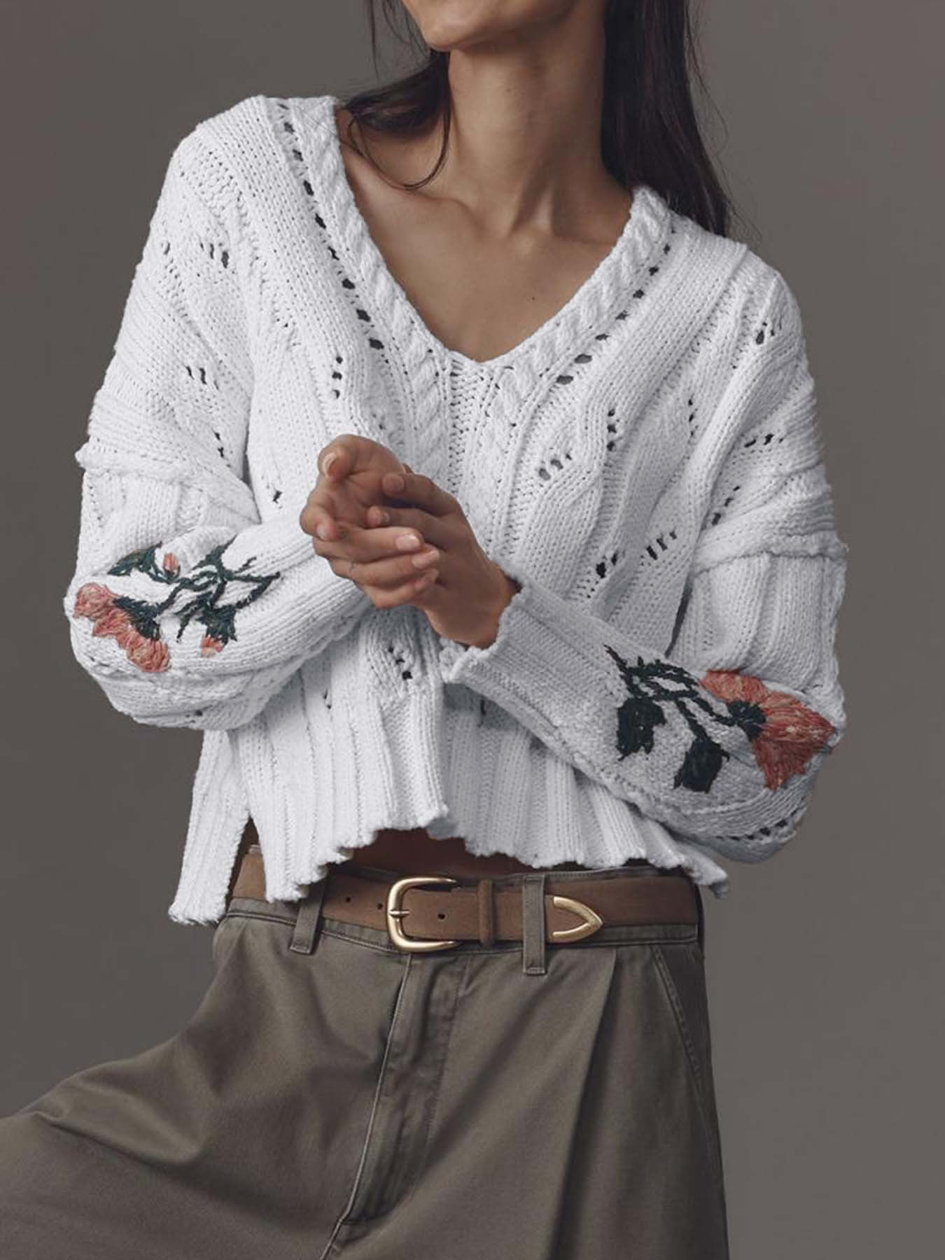 White Hollow-Out Knit Sweater with Floral Embroidery · Romantic Vintage Cropped Long Sleeve Top