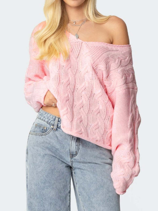 Pink Loose Cable Knit Sweater V-Neck Drop Shoulder Long Sleeve Pullover (S-XL)