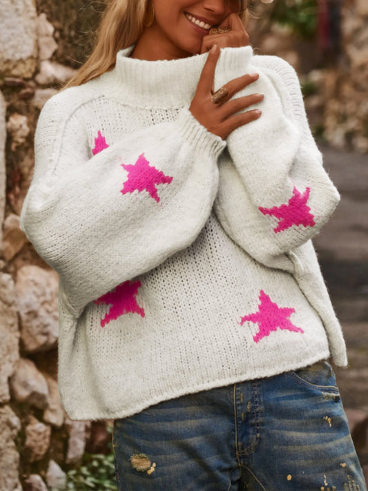 White Turtleneck Knit Sweater with Pink Star Pattern · Cozy Oversized Pullover