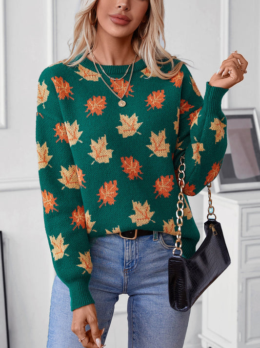 Dark Green Sweater with Maple Leaf Pattern · Autumn Vibes Loose Knit Pullover