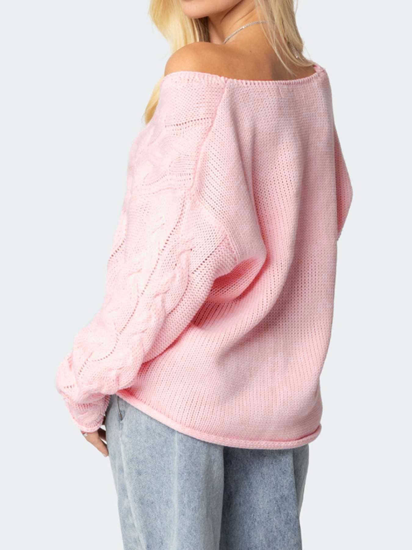 Pink Loose Cable Knit Sweater V-Neck Drop Shoulder Long Sleeve Pullover (S-XL)