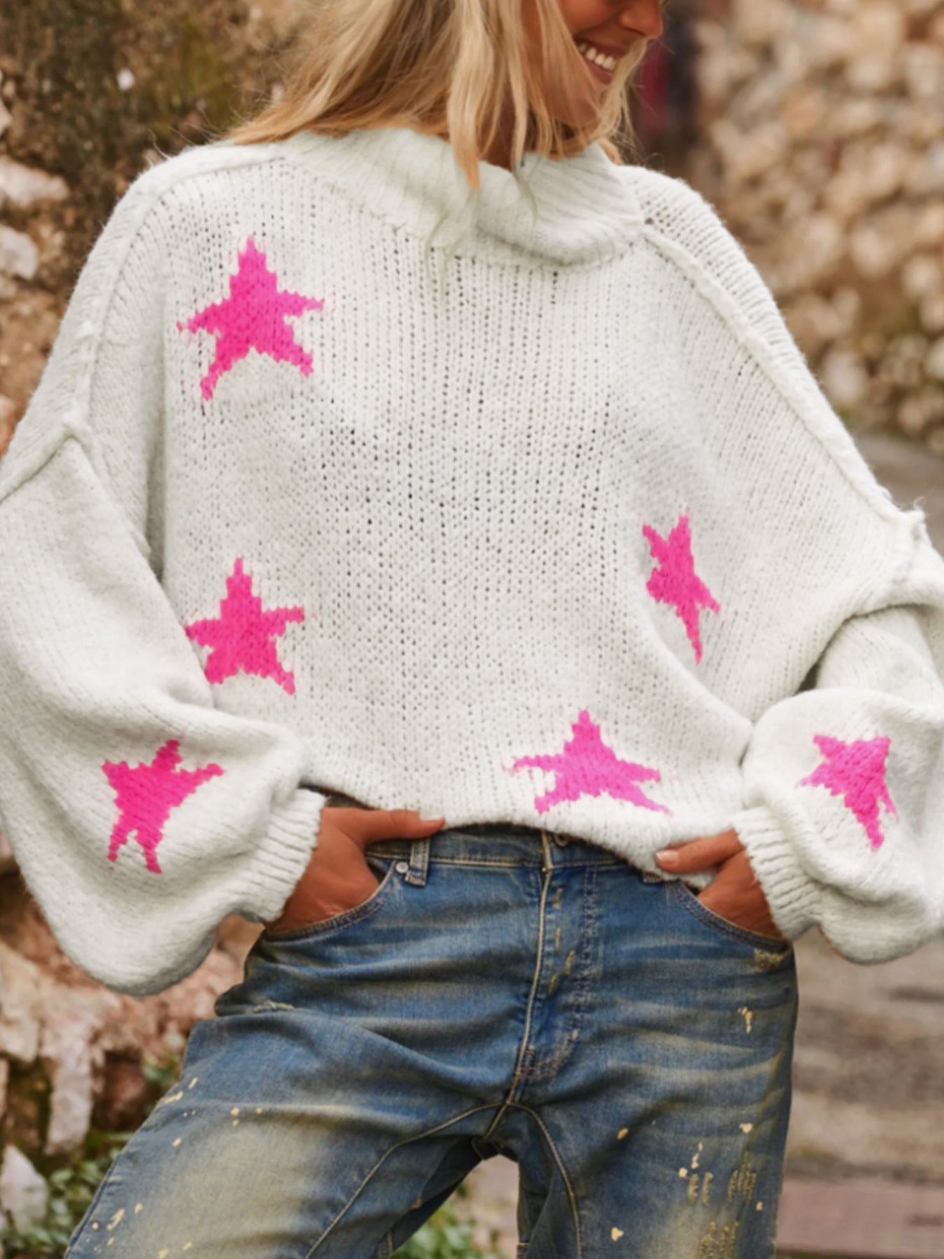 White Turtleneck Knit Sweater with Pink Star Pattern · Cozy Oversized Pullover