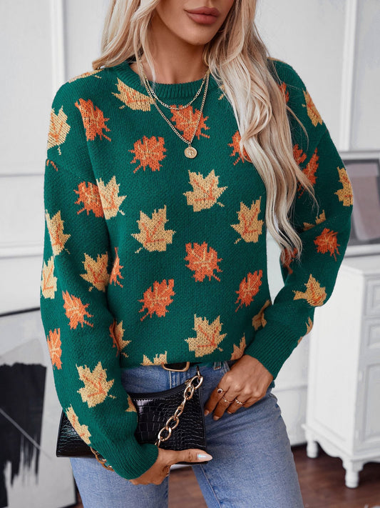Dark Green Sweater with Maple Leaf Pattern · Autumn Vibes Loose Knit Pullover