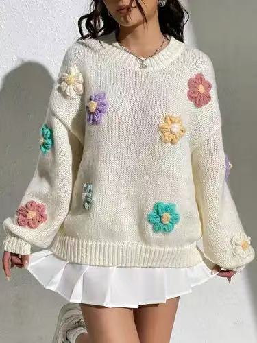 White Knit Sweater with 3D Colorful Flowers · Sweet and Playful Loose-Fit Pullover