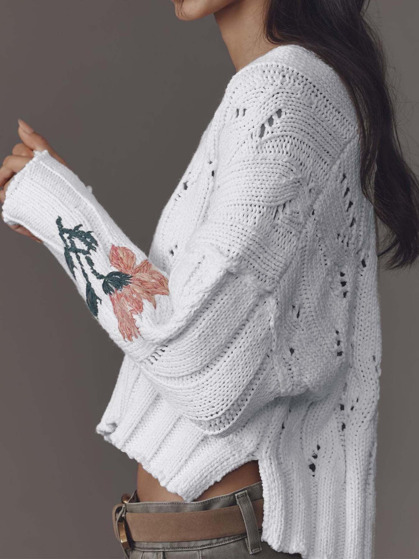 White Hollow-Out Knit Sweater with Floral Embroidery · Romantic Vintage Cropped Long Sleeve Top