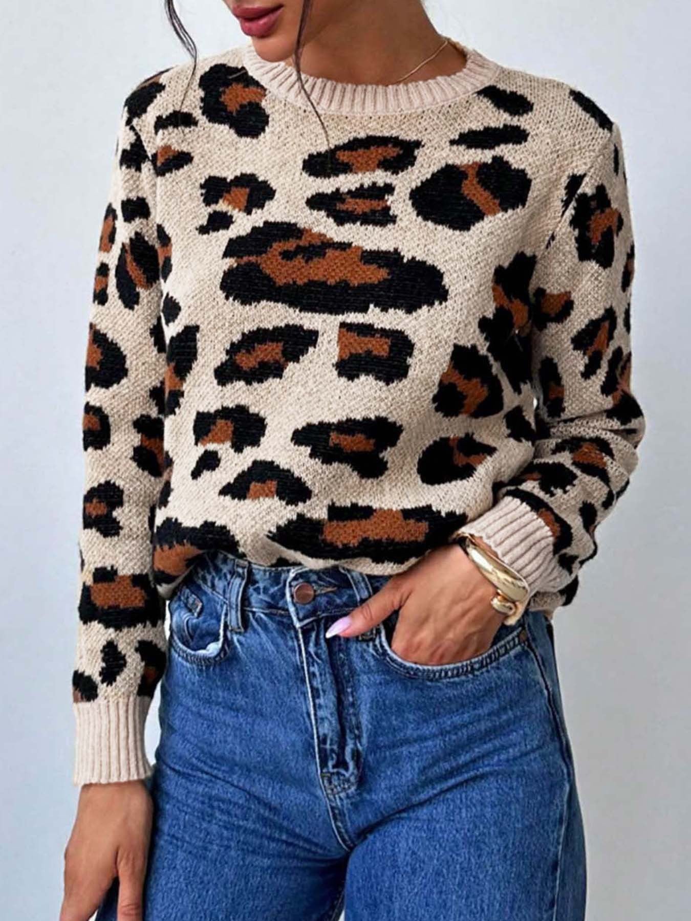 Women’s Animal Print Knit Sweater Long Sleeve Crew Neck Pullover Warm Stylish Knitwear (S-XL)
