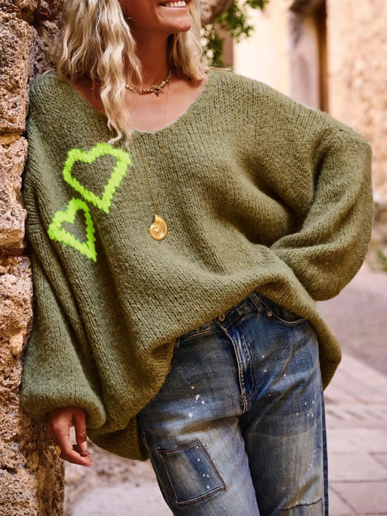Green V-Neck Loose Knit Sweater with Heart Pattern Detail (S-XL)