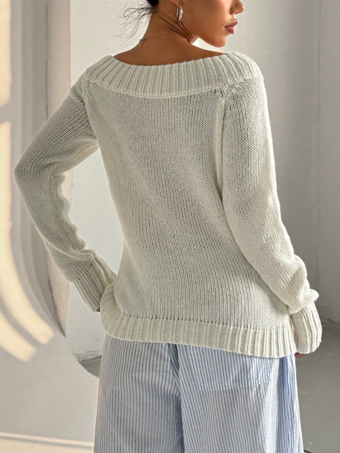 Women’s Off-Shoulder Knit Sweater Elegant Long Sleeve Pullover Slim Fit Top (S-XL)