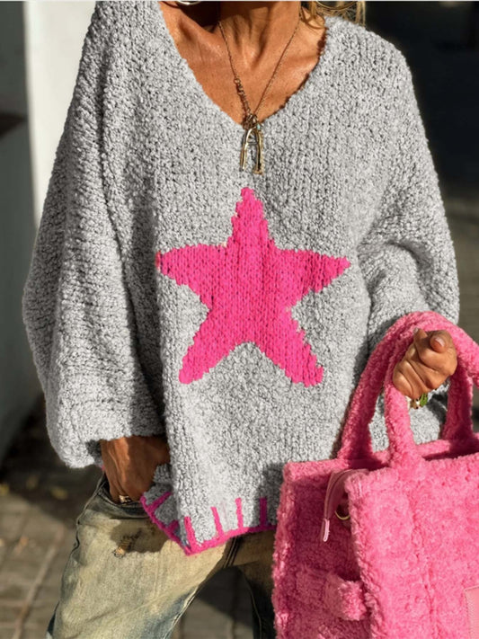 Bold Star Pattern Oversized Knit Sweater · Grey & Pink Contrast Casual Pullove