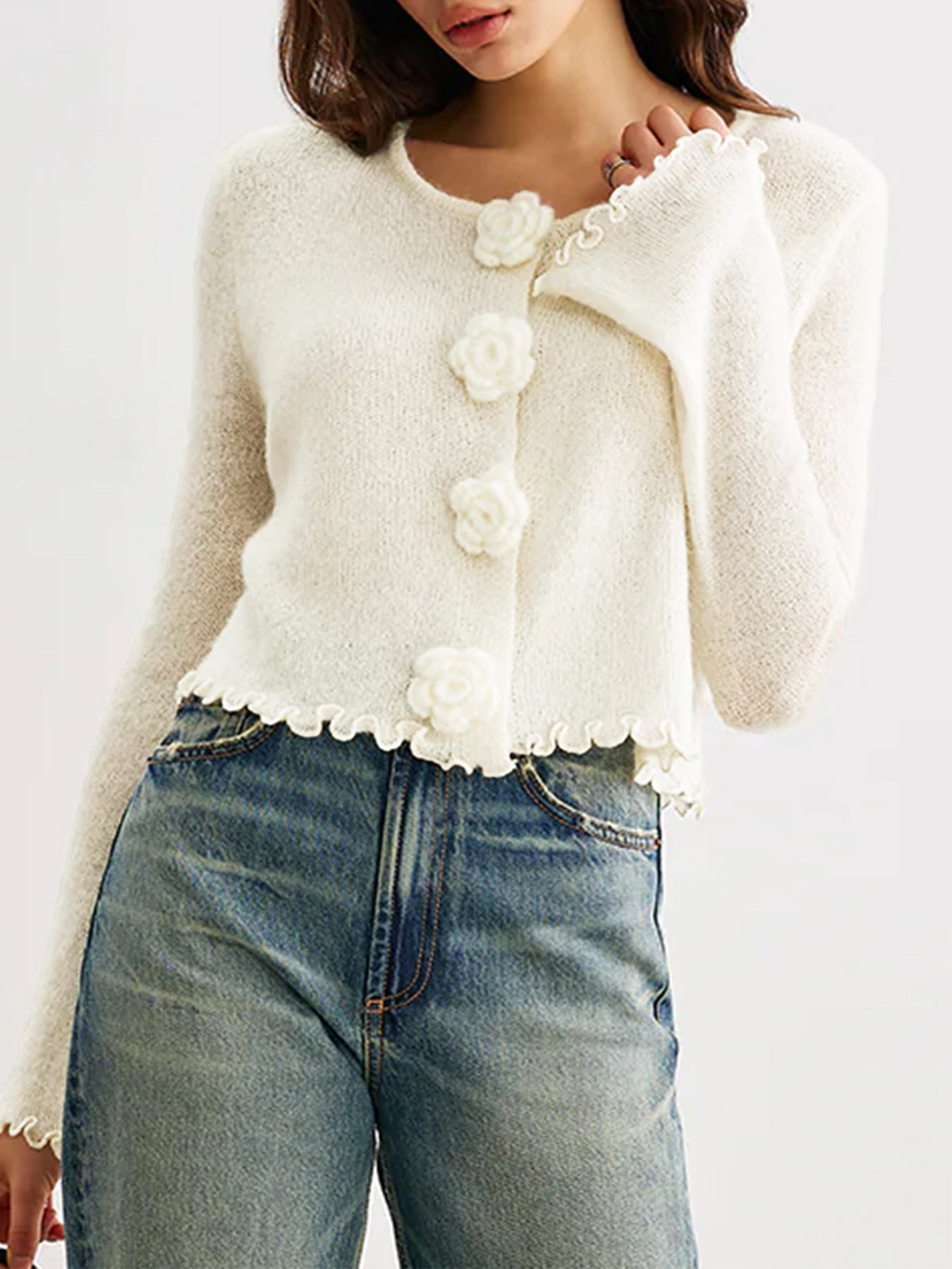 Women’s Knit Cardigan with Flower Buttons Long Sleeve Cropped Sweater Top (S-XL)