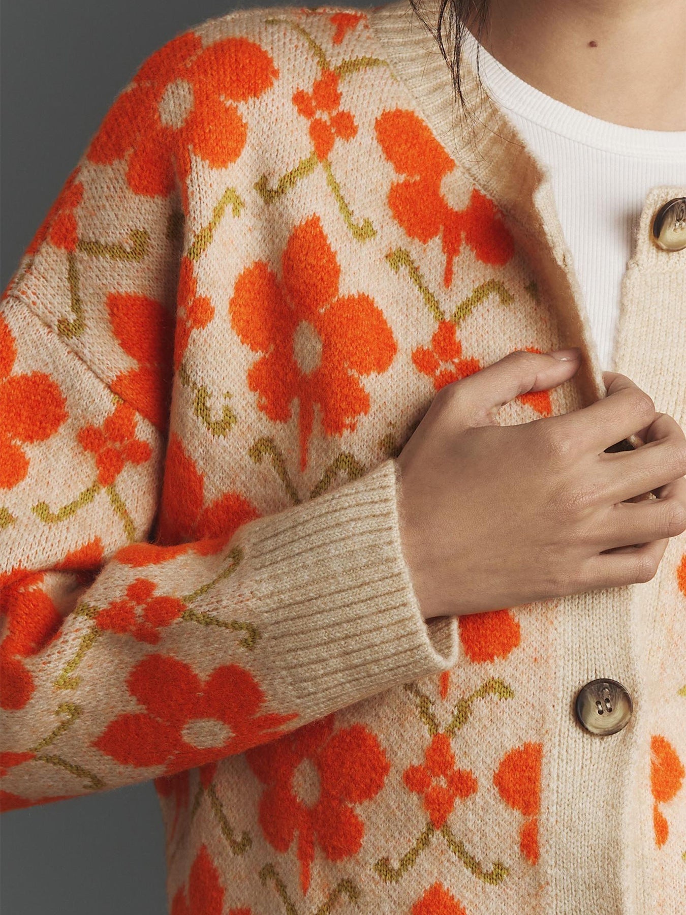 Beige Knit Cardigan with Orange Floral Pattern · Retro and Playful Loose Sweater