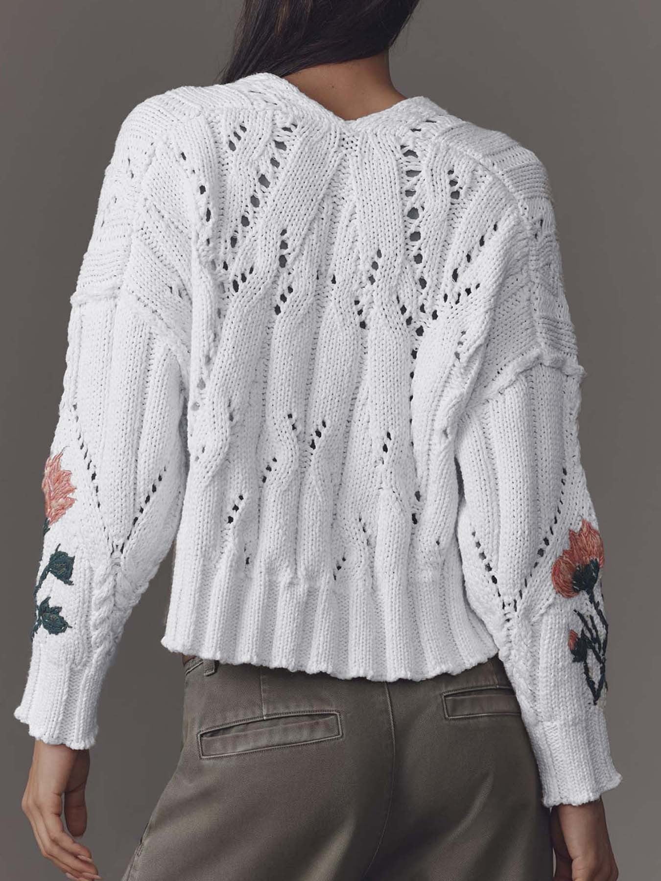White Hollow-Out Knit Sweater with Floral Embroidery · Romantic Vintage Cropped Long Sleeve Top
