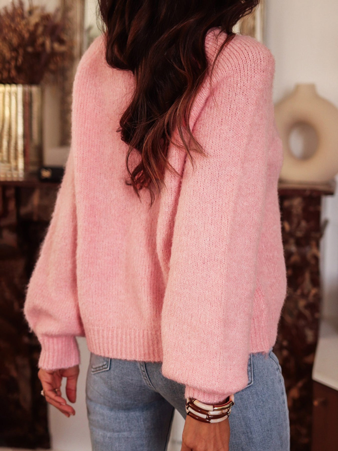 Pink Knit Sweater with Rhinestone Button Detail · Elegant and Sweet Long Sleeve Top