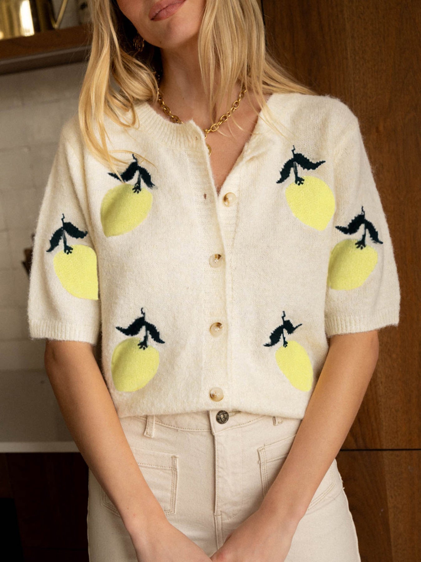 Fresh lemon print knitted cardigan short-sleeved top · French retro romantic atmosphere