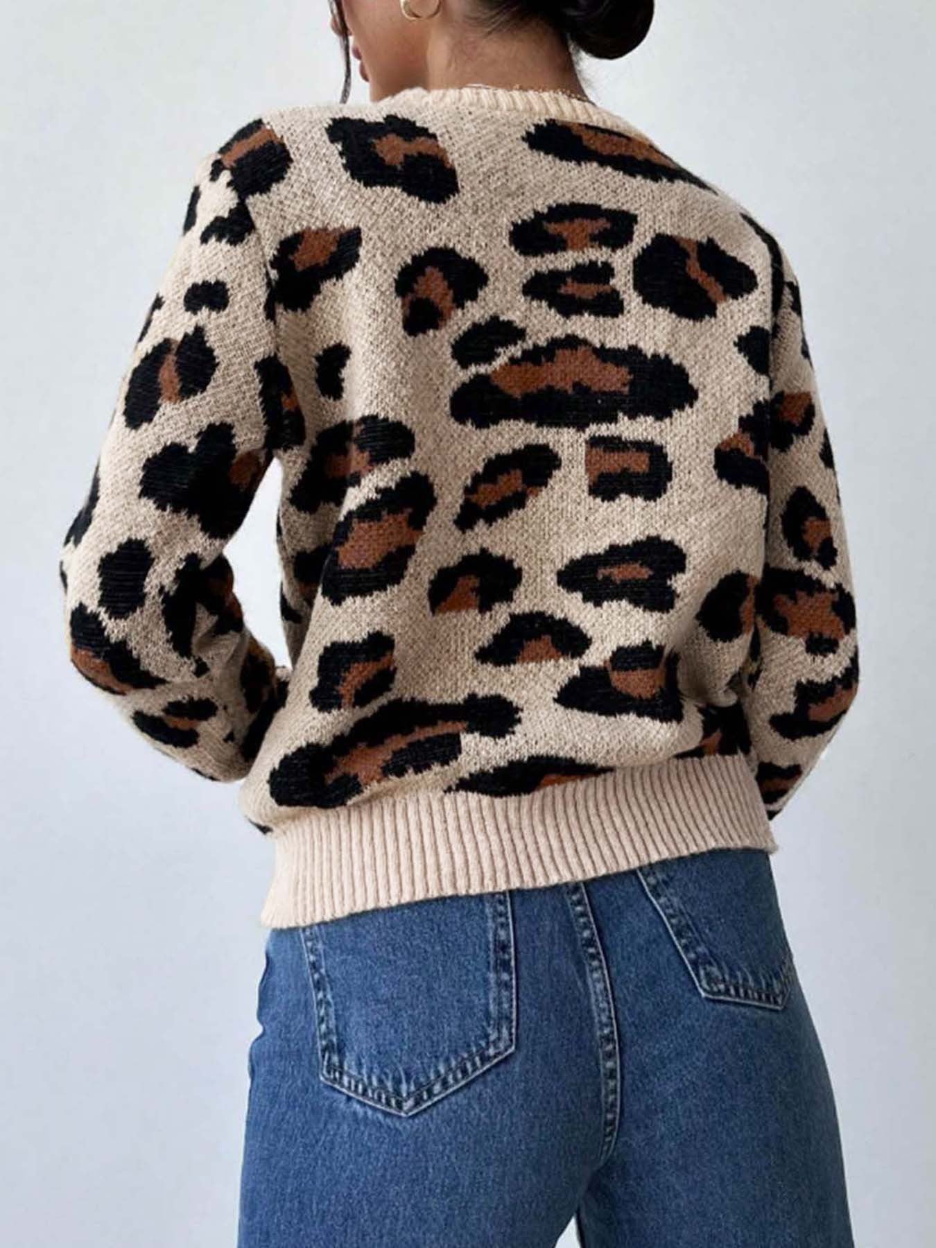 Women’s Animal Print Knit Sweater Long Sleeve Crew Neck Pullover Warm Stylish Knitwear (S-XL)