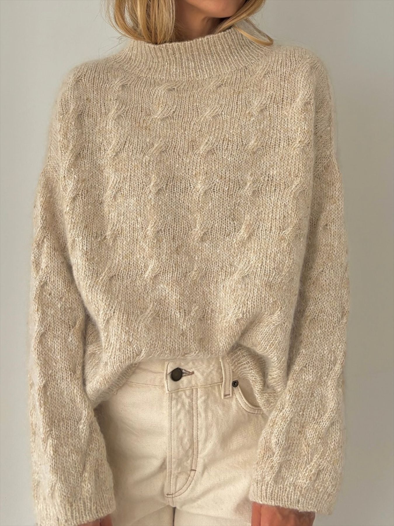 Beige Cable Knit Sweater · Minimalist Loose-Fit High Neck Pullover