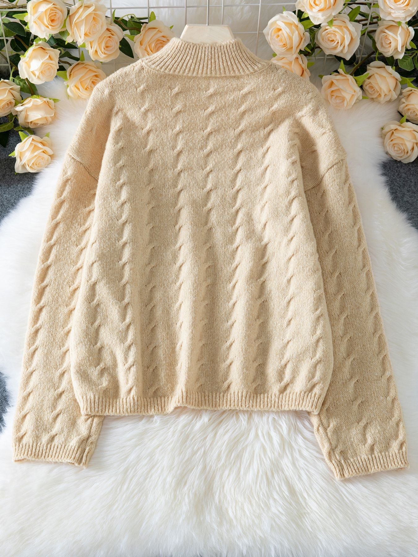 Beige Cable Knit Sweater · Minimalist Loose-Fit High Neck Pullover