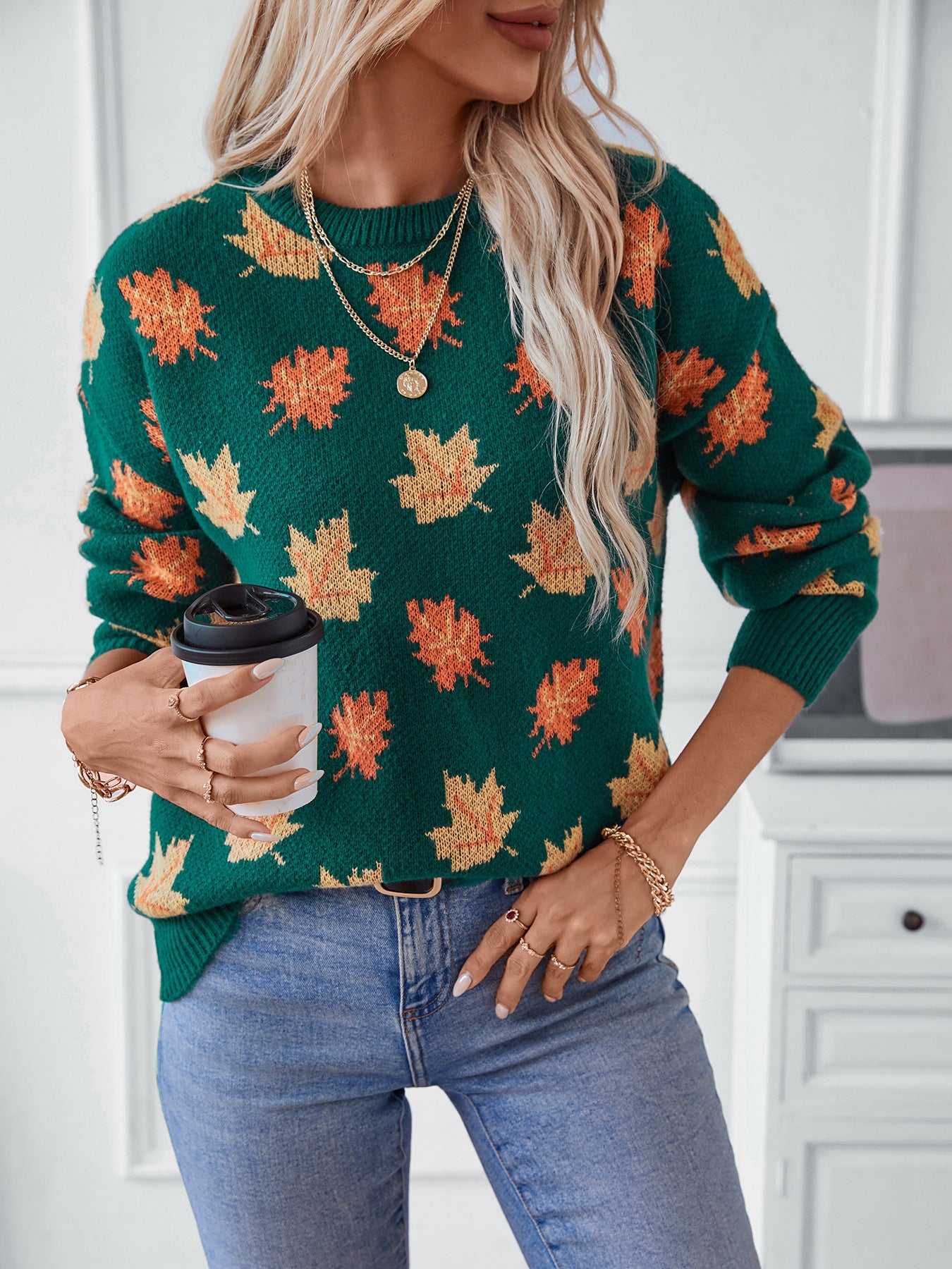 Dark Green Sweater with Maple Leaf Pattern · Autumn Vibes Loose Knit Pullover