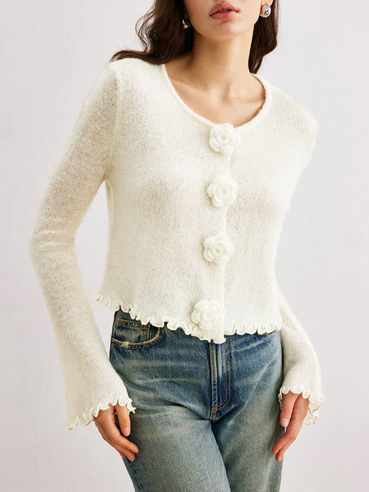 Women’s Knit Cardigan with Flower Buttons Long Sleeve Cropped Sweater Top (S-XL)