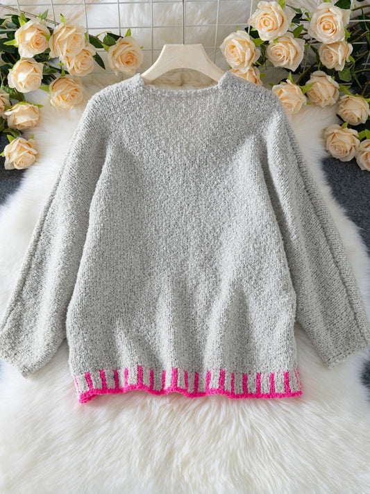Bold Star Pattern Oversized Knit Sweater · Grey & Pink Contrast Casual Pullove