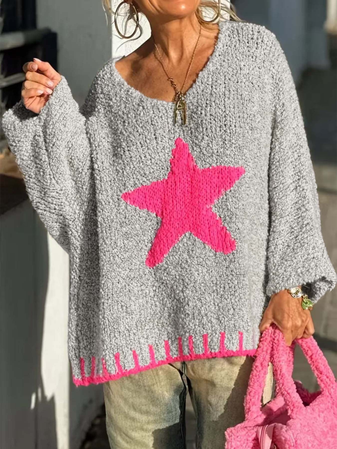 Bold Star Pattern Oversized Knit Sweater · Grey & Pink Contrast Casual Pullove