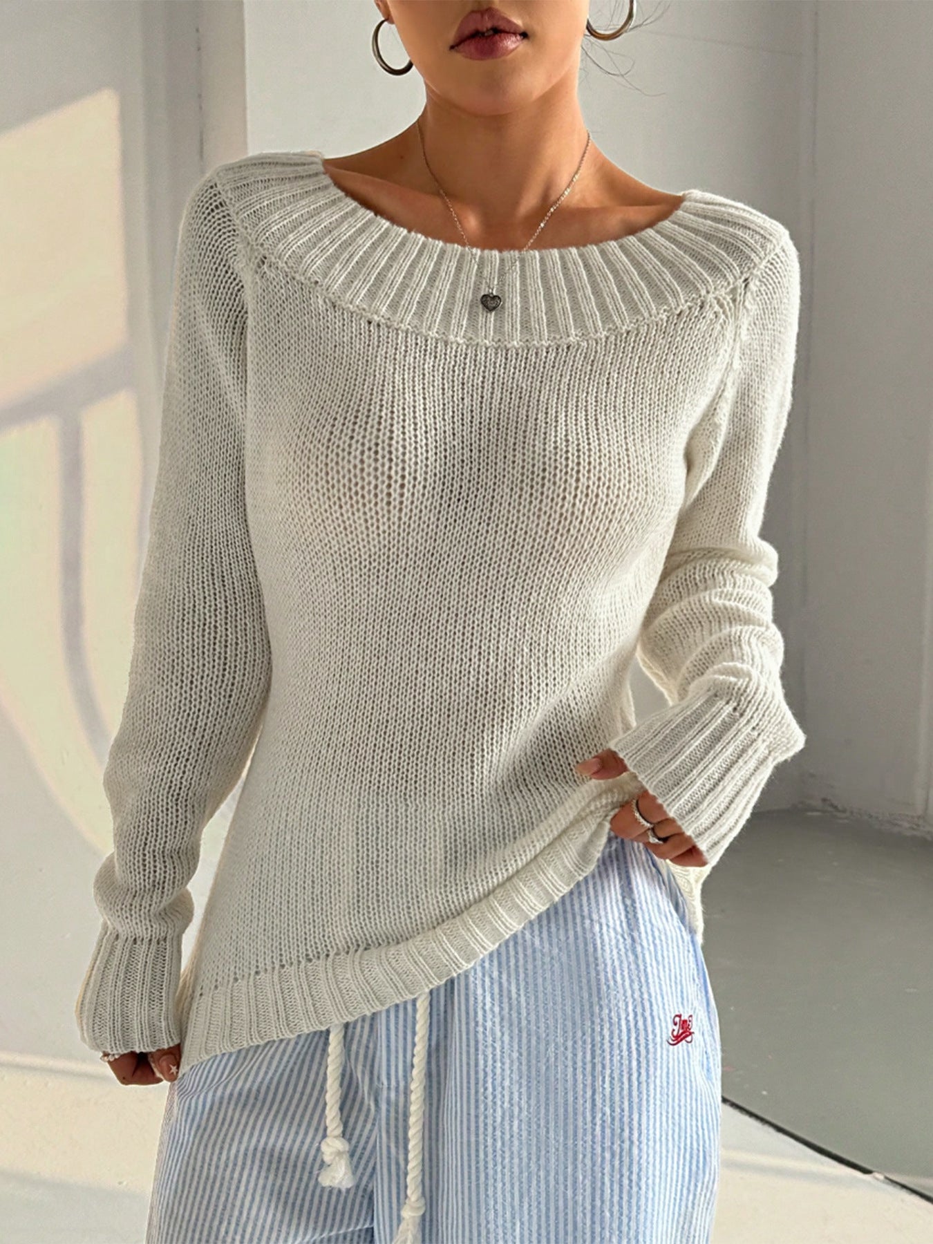 Women’s Off-Shoulder Knit Sweater Elegant Long Sleeve Pullover Slim Fit Top (S-XL)