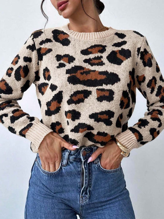 Women’s Animal Print Knit Sweater Long Sleeve Crew Neck Pullover Warm Stylish Knitwear (S-XL)