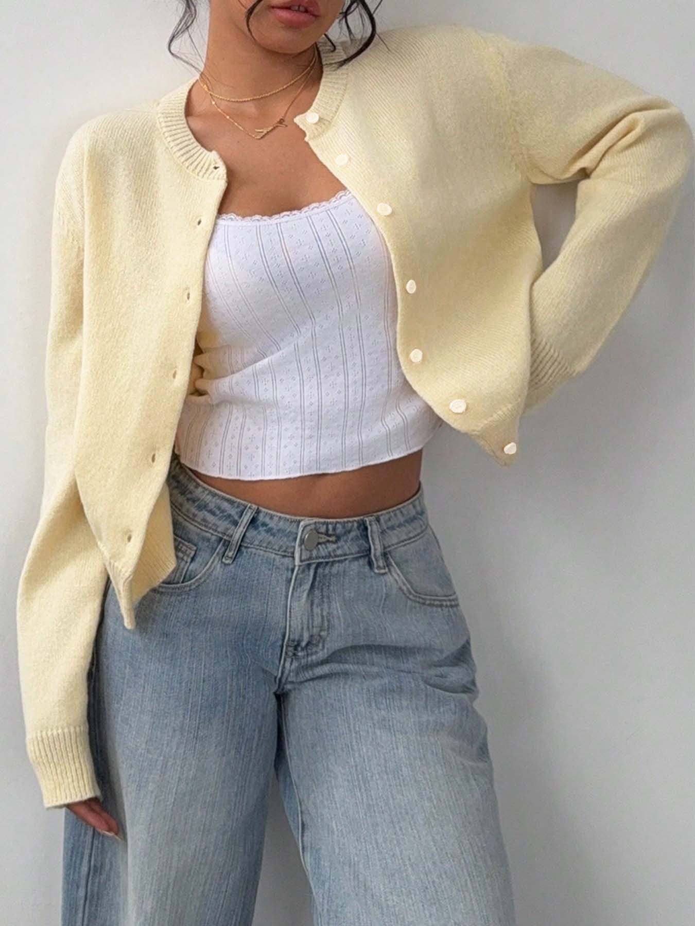 Light Yellow Knit Cardigan · Minimalist and Versatile Cropped Sweater
