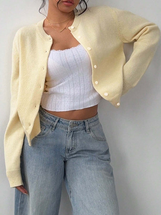 Light Yellow Knit Cardigan · Minimalist and Versatile Cropped Sweater