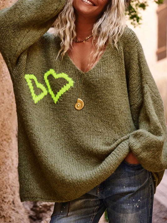 Green V-Neck Loose Knit Sweater with Heart Pattern Detail (S-XL)
