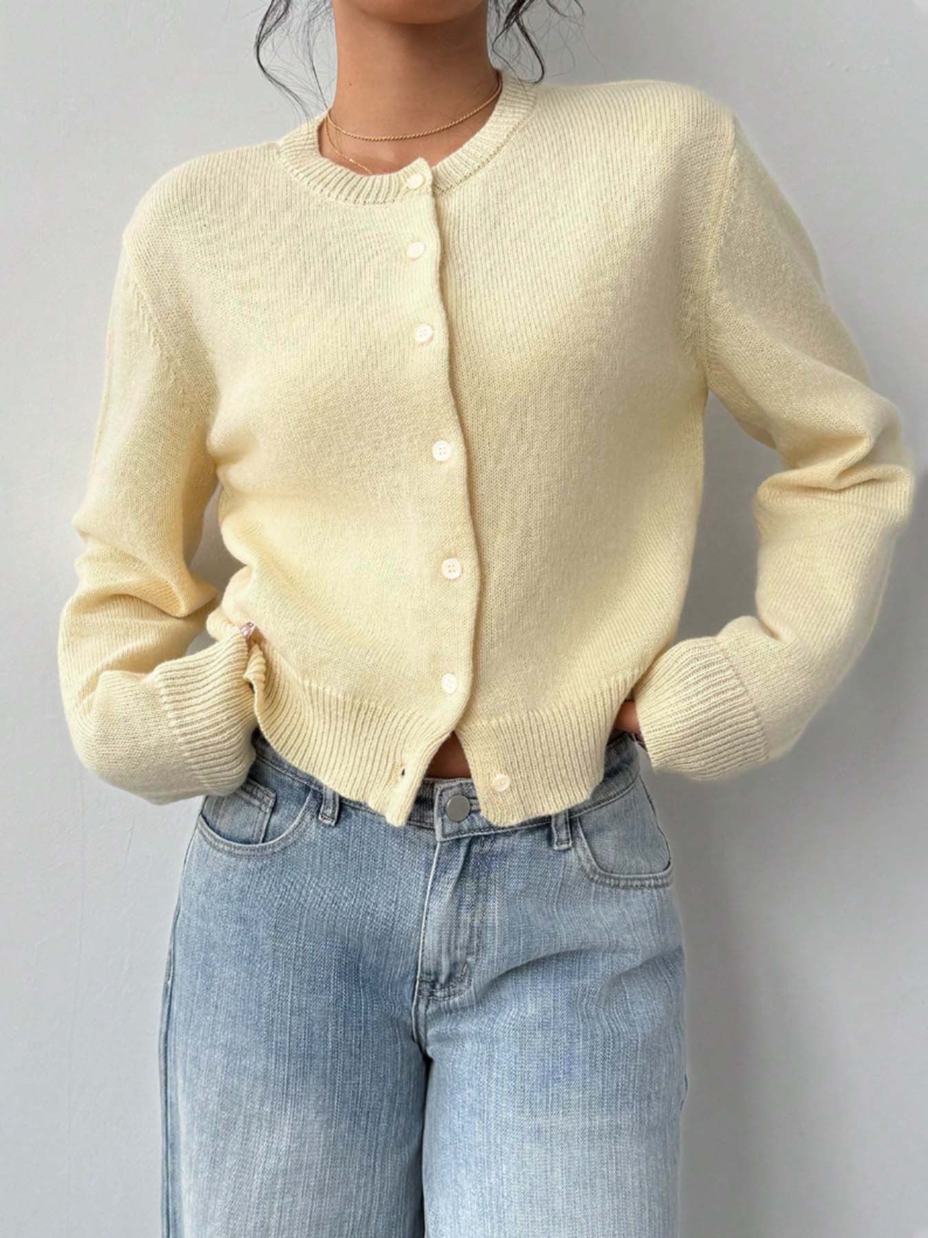 Light Yellow Knit Cardigan · Minimalist and Versatile Cropped Sweater