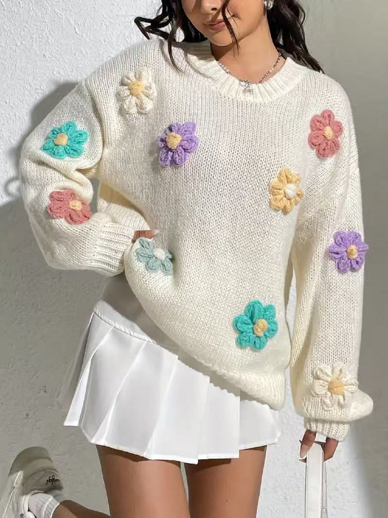 White Knit Sweater with 3D Colorful Flowers · Sweet and Playful Loose-Fit Pullover