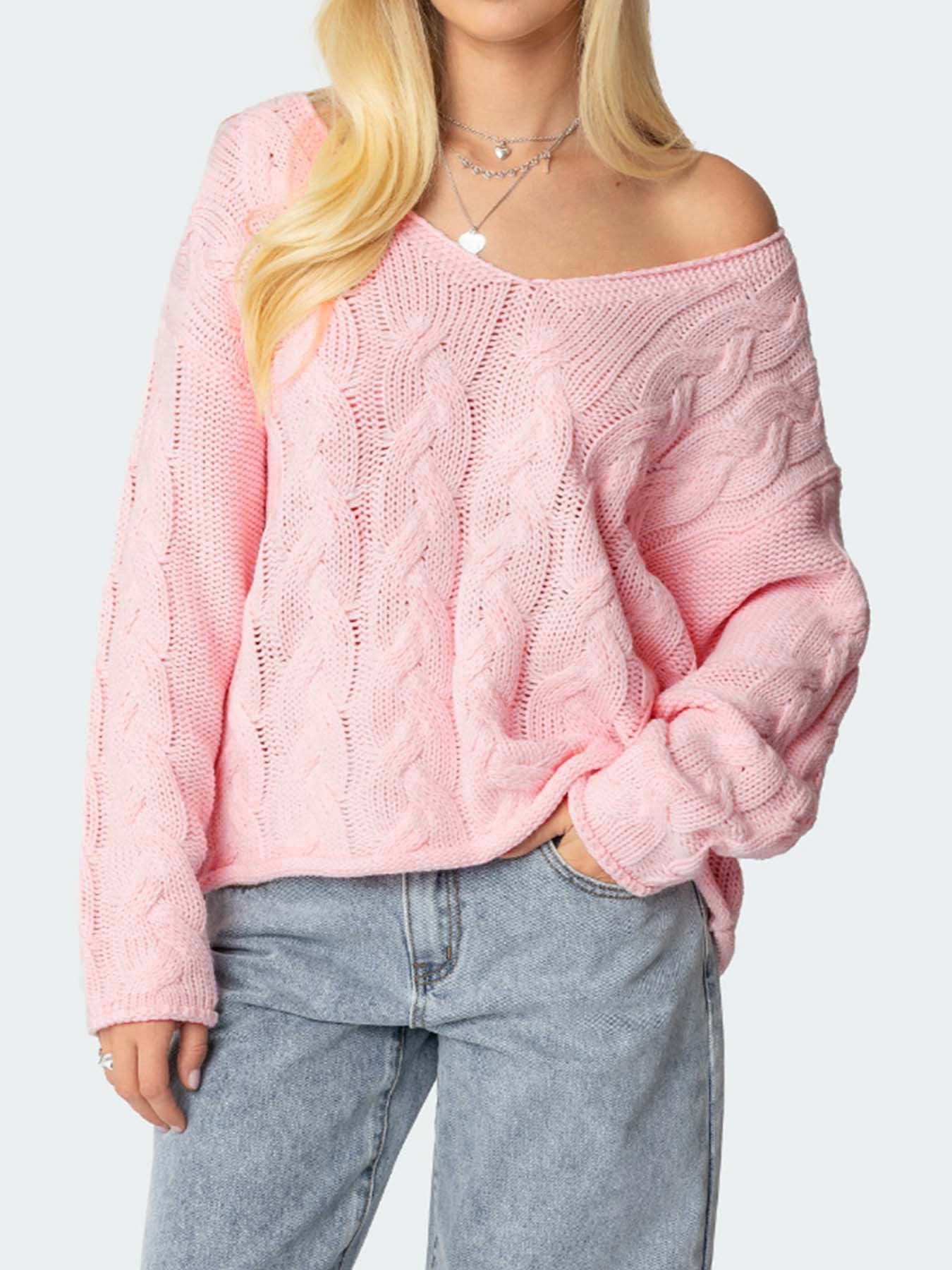 Pink Loose Cable Knit Sweater V-Neck Drop Shoulder Long Sleeve Pullover (S-XL)